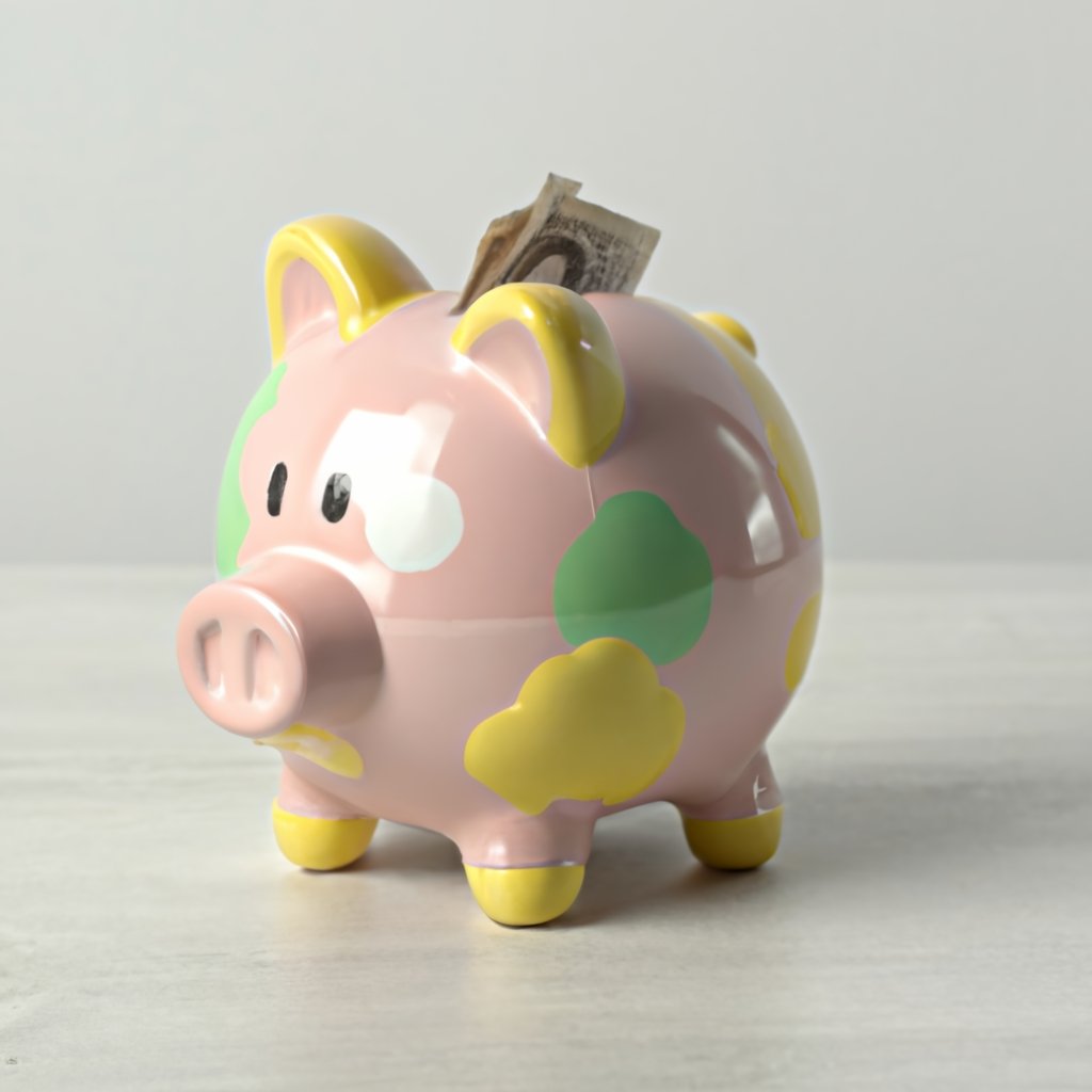 Ein buntes Sparschwein aus Keramik, verziert mit gelben und grünen Wolkenmustern, steht auf einem hellen Tisch. Eine Banknote ragt aus dem Schlitz auf seinem Rücken.