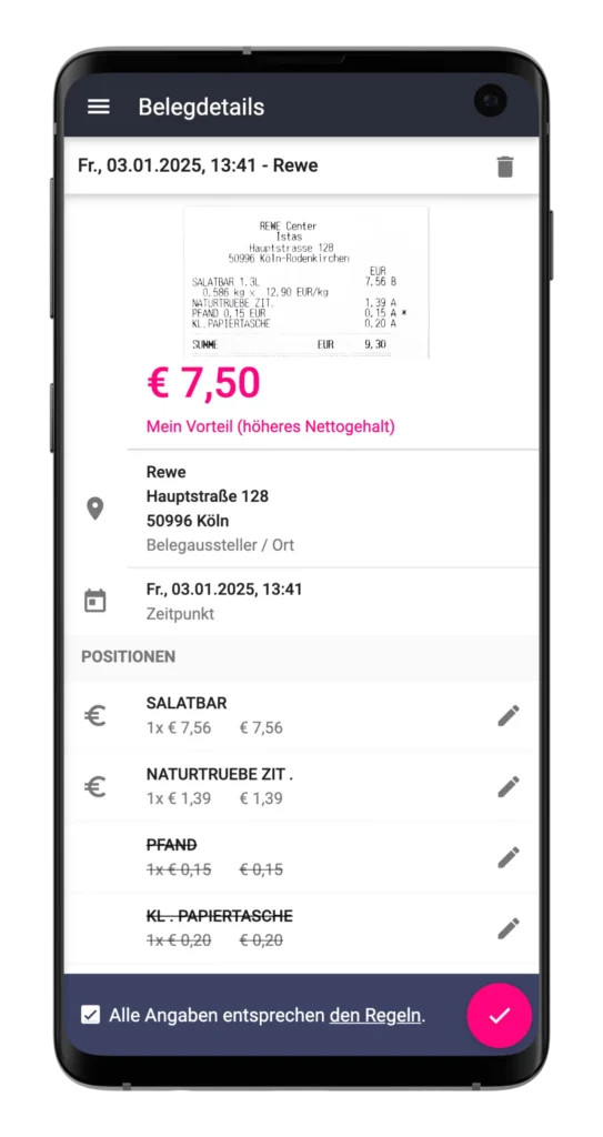 Billyard App Beleg Detailansicht