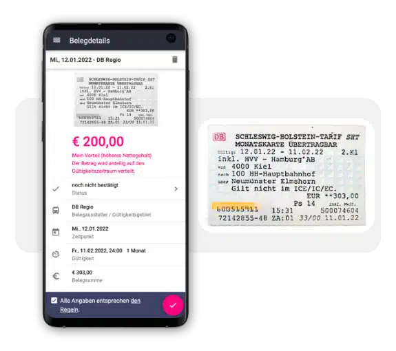 Mit dem Mobilitätsbudget Mitarbeitende nachhaltig motivieren ÖPNV-Zuschuss: Ein Zug-Ticket und daneben ein Handy, über das das Ticket hochgeladen wurde