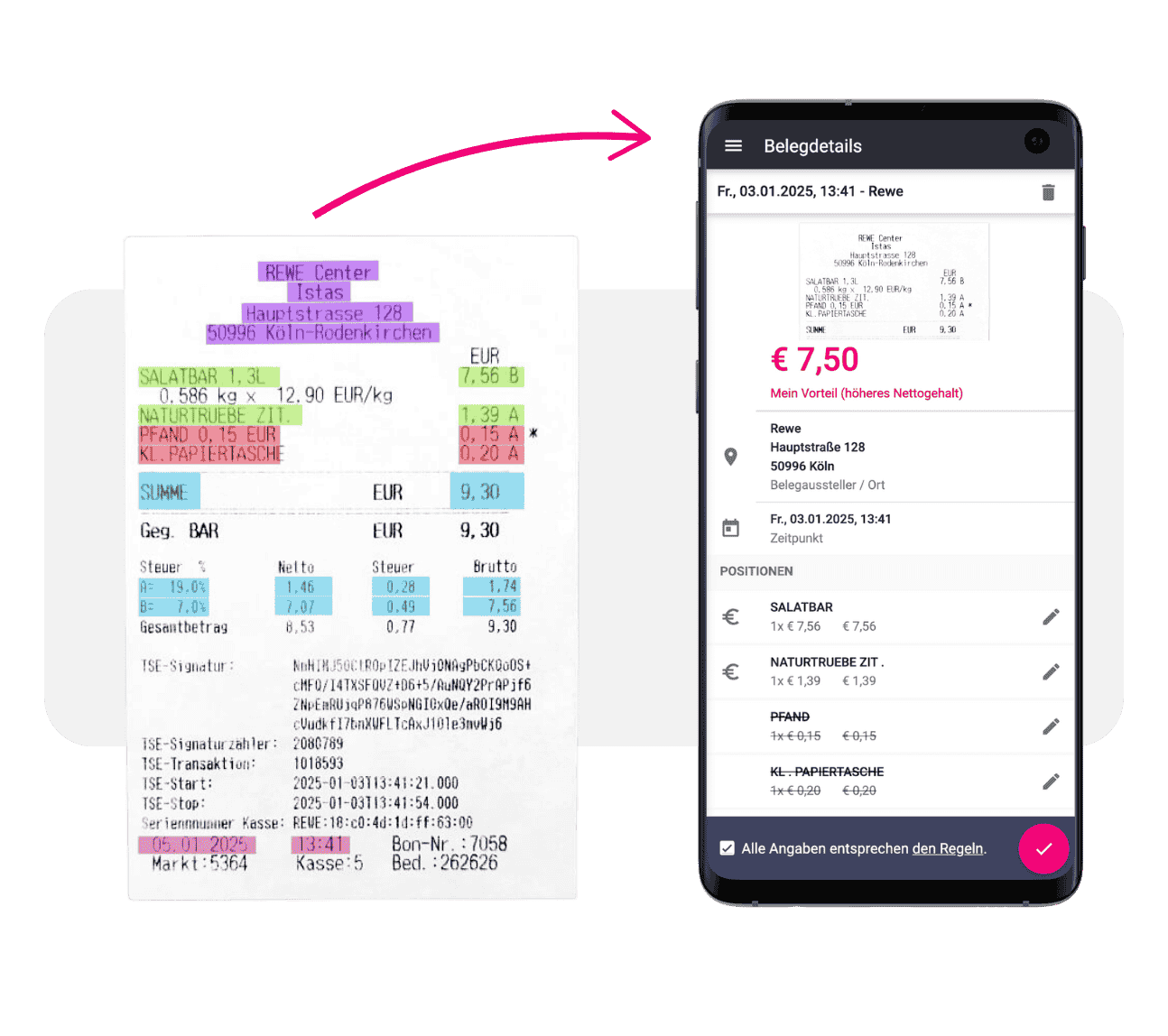 App-Erkennung 2025 Links ein Kassenbeleg in Papierform, der rechts konvertiert auf einem Smartphone in der billyard-App zu sehen ist.