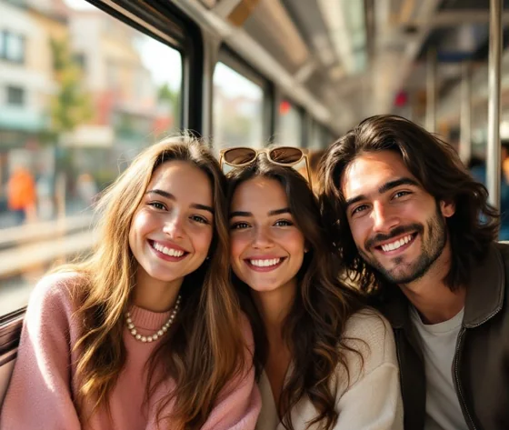 Group-train-jobticket-560px Zwei Frauen und ein Mann in einem Zug im warmen Sonnenlicht.
