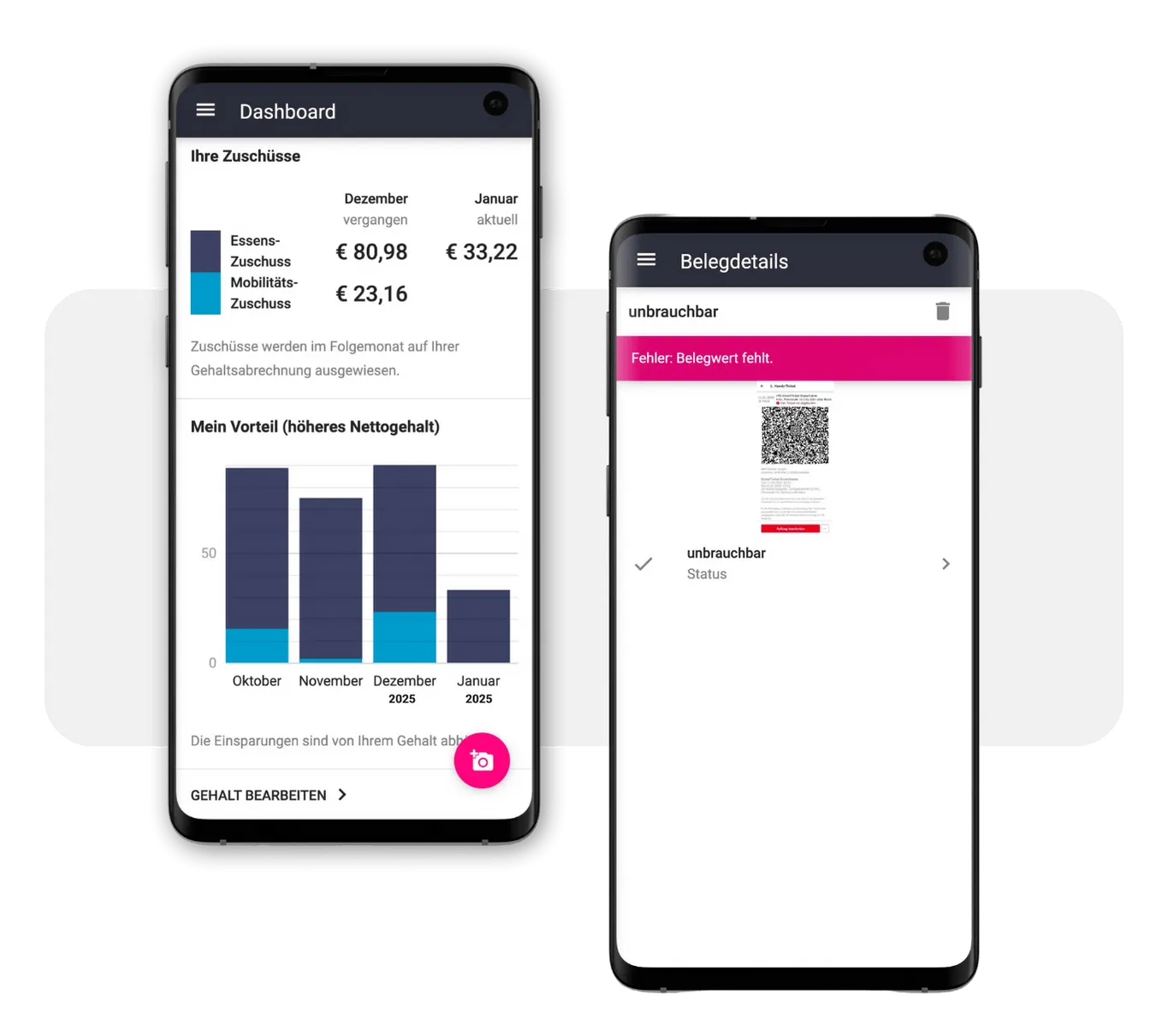 Zwei Handys auf denen die billyard-App geöffnet ist. Auf dem linken wird das Dashboard mit der Monatsübersicht angezeigt, auf dem rechten eine Fehlermeldung wenn ein ÖPVN-Ticket nicht richtig fotografiert wurde.