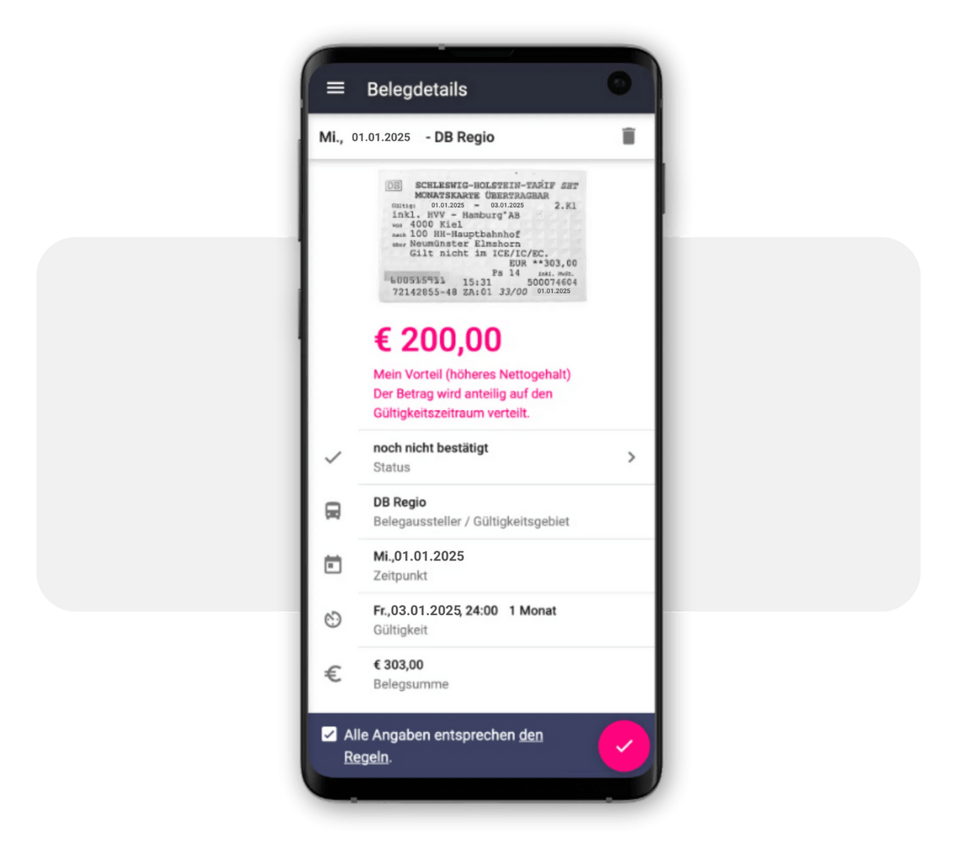 Handy mit billyard-App, die die Erkennung eines ÖPVN-Tickekts in Papierform durch die App-Erkennung zeigt.