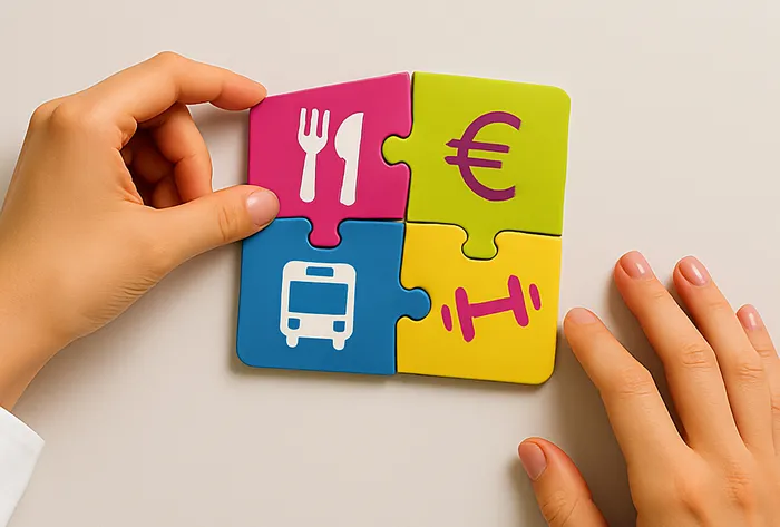 Grafik_Puzzle_Benefits Puzzle-Teile mit Icons, die die einzelnen Benefits repräsentieren (z.B. Bus, Besteck, Hantel)