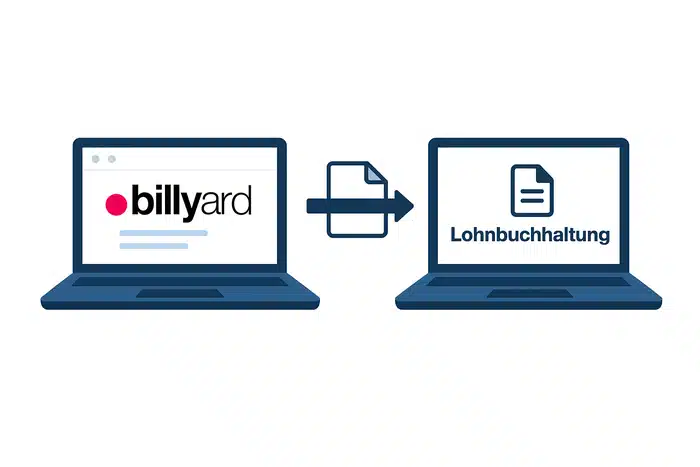 Grafik die zwei Laptops zeigt, die die Übertragung vom billyard-System in die Lohnbuchhaltungssoftware darstellt.