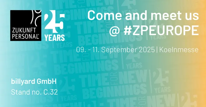 ZP25_Grafik billyard Einladung zur Zukunft Personal Europe 2025 in Köln: billyard GmbH am Stand C.32 vom 09. bis 11. September auf der Koelnmesse