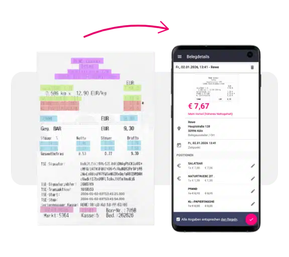 Essenszuschüsse mit billyard I Kassenbeleg in Papierform, der konvertiert auf einem Smartphone in der billyard-App zu sehen ist