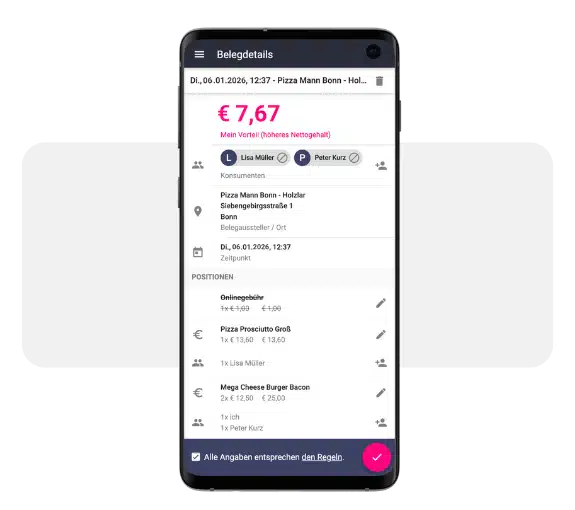Handy mit geöffneter billyard-App, in der beispielhaft gezeigt wird, wie einfach ein Beleg unter mehreren Kolleginnen und Kollegen aufgeteilt werden kann.