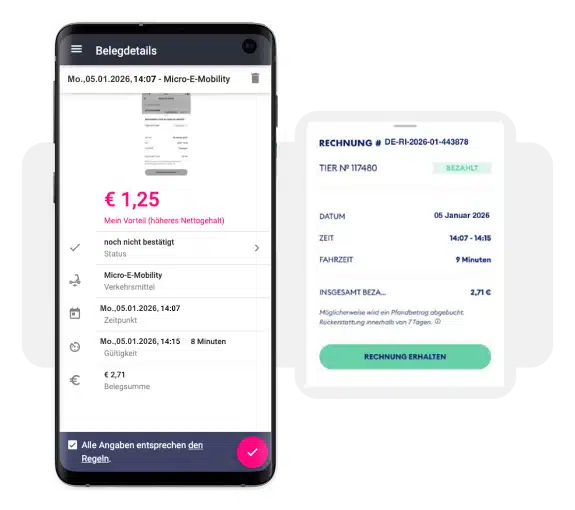 Ein Beleg über eine Scooter-Fahrt und ein Handy, auf dem der Beleg hochgeladen wurde