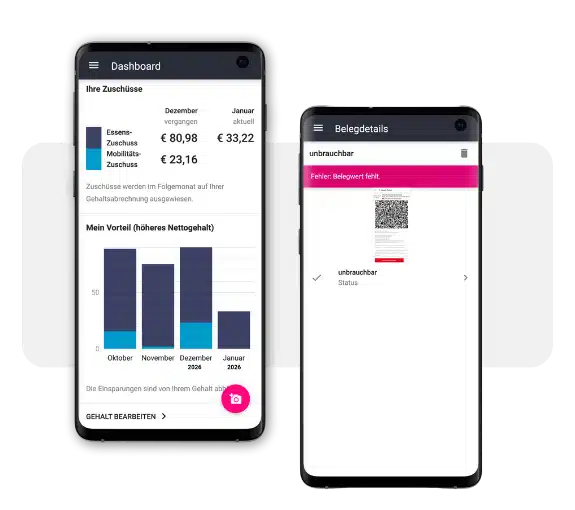 Zwei Handys nebeneinander. Das linke Handy zeigt die billyard-App, auf der die Monatsübersichten der persönlichen Nutzung des Benefit-Budgets zu sehen ist. Auf dem rechten Handy wird die Fehleranzeige der billyard-App gezeigt, wenn keine brauchbare Position auf dem Beleg erkannt wird.
