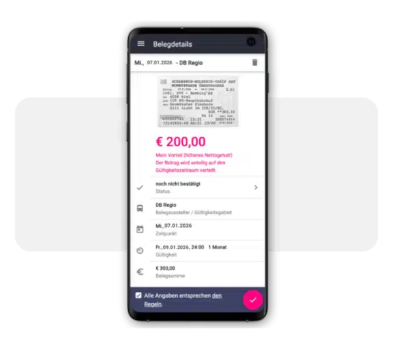 Handy mit billyard-App, die die Erkennung eines ÖPVN-Tickekts in Papierform durch die App-Erkennung zeigt.