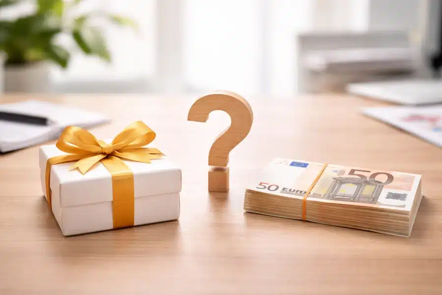 Geschenkbox und Stapel mit 50-Euro-Scheinen als Vergleich zwischen Sachgeschenk und Geldgeschenk