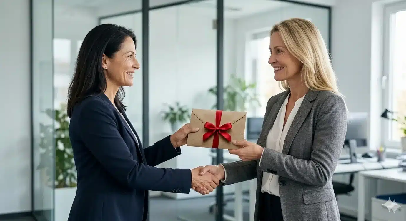 Mitarbeiter erhält Geschenk zu persönlichem Anlass im Unternehmen