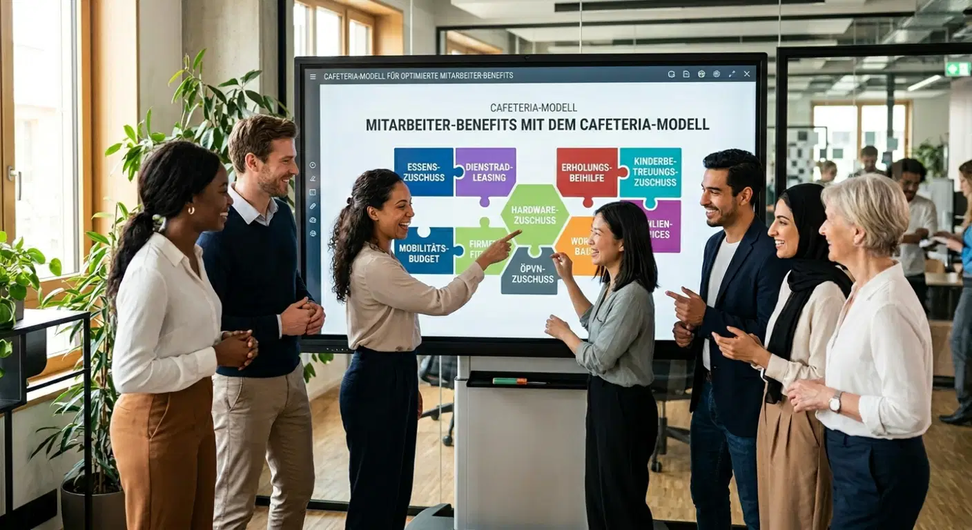 Ein Team aus Mitarbeitenden, die sich gemeinsam im Büro verschiedene Mitarbeiter-Benefits auf einem Whiteboard anschauen. Die Auswahl verschiedener Benefits stell bei der Mitarbeiter-Beneftis Anbieter Vergleich ein entscheidendes Kriterium dar.