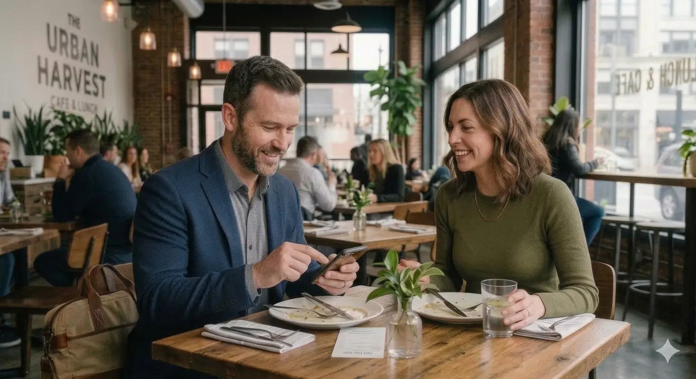 Beispielbild für Mitarbeiter Benefits-App für Unternehmen: Mann und Frau sitzen gemeinsam beim Lunch im Restaurant, Mann fotografiert Kassenbeleg ab.