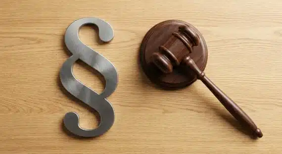 Symbolbild "Rechtliches" - Paragrah und Richterhammer auf einer Holzplatte