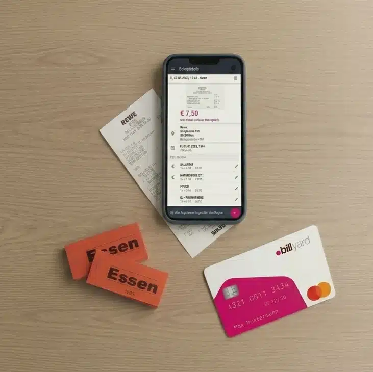 Eine hochwertige Draufsicht (Flatlay) auf einer hellen Holz-Tischplatte, die drei Generationen von Mitarbeiter-Essenszuschüssen zeigt: Unten links zwei kleine rote Papier-Gutscheinheftchen mit der Aufschrift „Essen“, unten rechts eine moderne weiße billYard-Gutscheinkarte mit magentafarbenem Akzent und Mastercard-Logo, und mittig darüber ein flach liegendes Smartphone. Auf dem Smartphone-Display ist die billYard-App mit einem digitalisierten REWE-Kassenzettel und einem Erstattungsbetrag von 7,50 € zu sehen. Ein realer Kassenbon schaut schräg unter dem Smartphone hervor.